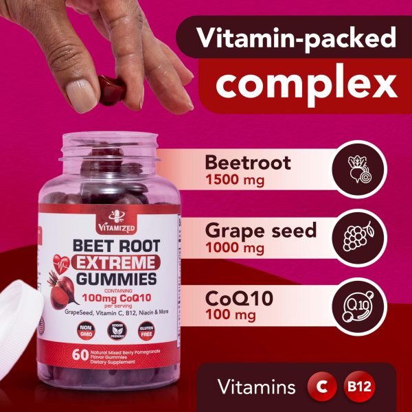 Extreme Beetroot Formula & COQ10 100mg with Grape Seed Extract for Circulation Energy & Flow 1500mg Beet Root Gummies Extract Gluten Free 60 - Image 7