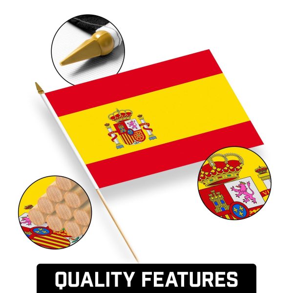 G128 24 Pack Handheld Spain Spanish Stick Flags | 12x18 In | Printed 150D Polyester, Country Flag, Solid Wooden Stick, Spear Gold Tip - Image 8