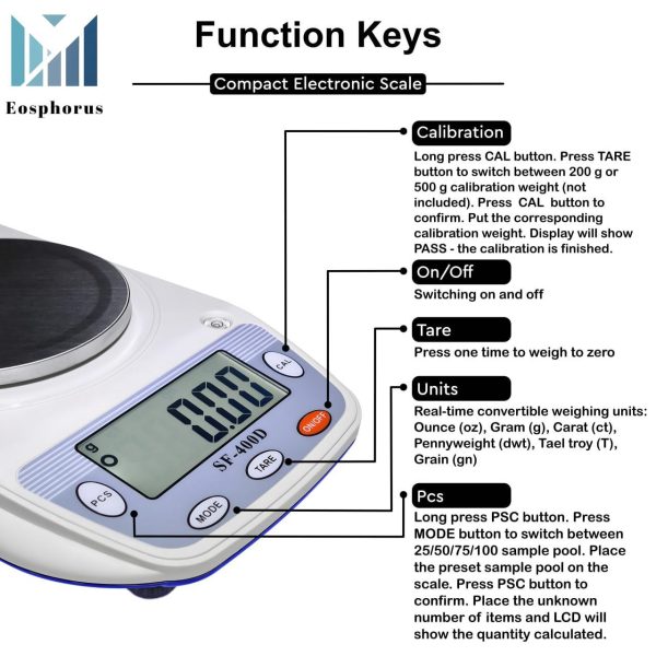 Eosphorus Science Digital Scale Lab Balance Gram Scale 0.01g Accuracy Electronic Scale Laboratory Digital Scale Chemistry Jewelry – Carats, Ounces and Grams Scale (SF 400D R W) - Image 6