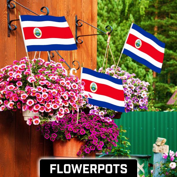 G128 12 Pack Handheld Costa Rica Costa Rican Stick Flags | 12x18 In | Printed 150D Polyester, Country Flag, Solid Wooden Stick, Spear Gold Tip - Image 2