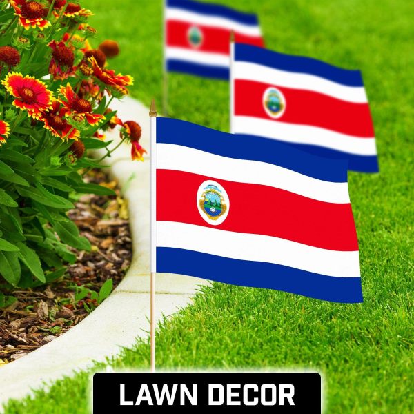 G128 12 Pack Handheld Costa Rica Costa Rican Stick Flags | 12x18 In | Printed 150D Polyester, Country Flag, Solid Wooden Stick, Spear Gold Tip - Image 3