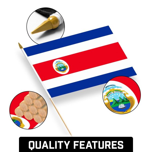 G128 12 Pack Handheld Costa Rica Costa Rican Stick Flags | 12x18 In | Printed 150D Polyester, Country Flag, Solid Wooden Stick, Spear Gold Tip - Image 8