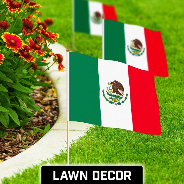 G128 50 Pack Handheld Mexico Mexican Stick Flags | 12x18 In | Printed 150D Polyester, Country Flag, Solid Wooden Stick, Spear Gold Tip - Image 3