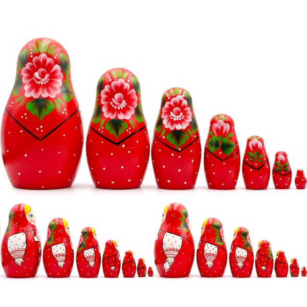 AEVVV Nesting Dolls Set of 7 pcs   Baboushka Nesting Dolls in Hand Painted Red Head Scarf and Sarafan Dress with Ornaments   Russian Dolls Nesting Dolls - Image 2