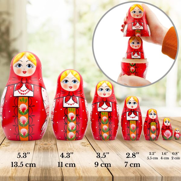 AEVVV Nesting Dolls Set of 7 pcs   Baboushka Nesting Dolls in Hand Painted Red Head Scarf and Sarafan Dress with Ornaments   Russian Dolls Nesting Dolls - Image 3