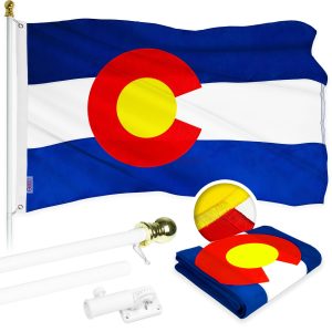 G128 Combo Pack: 5 Ft Tangle Free Aluminum Spinning Flagpole (White) & Colorado CO State Flag 2x3 Ft, ToughWeave Series Embroidered 300D Polyester | Pole with Flag Included