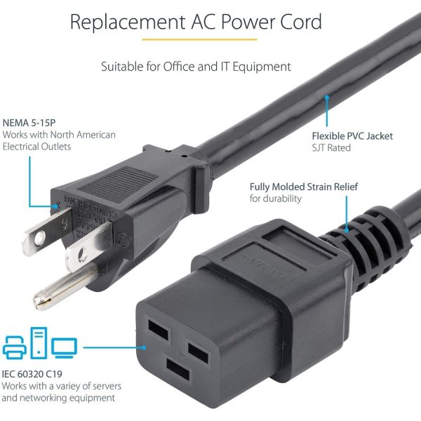 StarTech.com 3ft (1m) Heavy Duty Power Cord, NEMA 5-15P to C19, 15A 125V, 14AWG, Computer Power Cord, Heavy Gauge Power Cable - Image 6