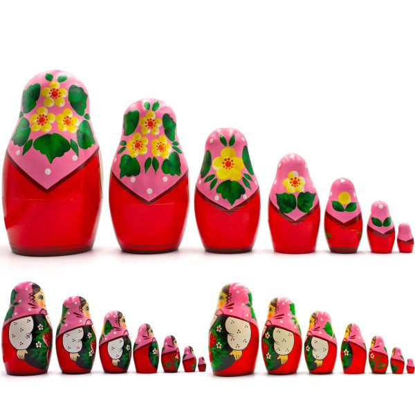 AEVVV Nesting Dolls Set of 7 pcs   Russian Doll in Pink Head Scarf and Sarafan Dress with Hand Painted Strawberry Decorations   Matryoshka Nesting Dolls - Image 2