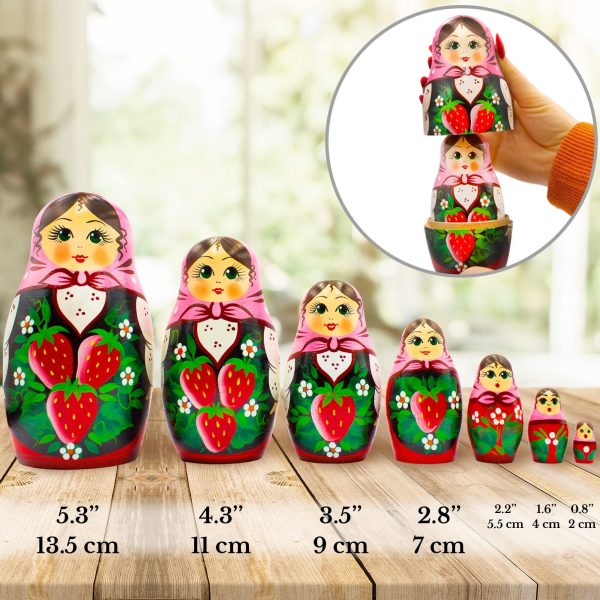 AEVVV Nesting Dolls Set of 7 pcs   Russian Doll in Pink Head Scarf and Sarafan Dress with Hand Painted Strawberry Decorations   Matryoshka Nesting Dolls - Image 3