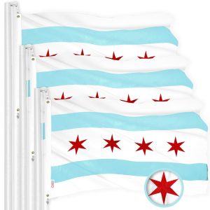 G128 Chicago Flag 4x6 Ft 3-Pack Embroidered 300D Embroidered Stars, Sewn Stripes, Brass Grommets, Indoor/Outdoor, Vibrant Colors, Quality Polyester