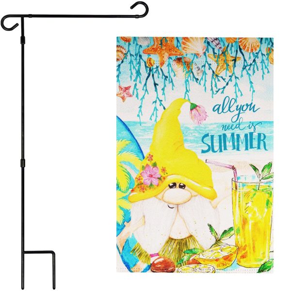 G128 Combo Pack: Garden Flag Stand Black 36 in x 16 in & Garden Flag Summer Decoration All You Need is Summer Gnome 12"x18" Double-Sided Blockout Fabric