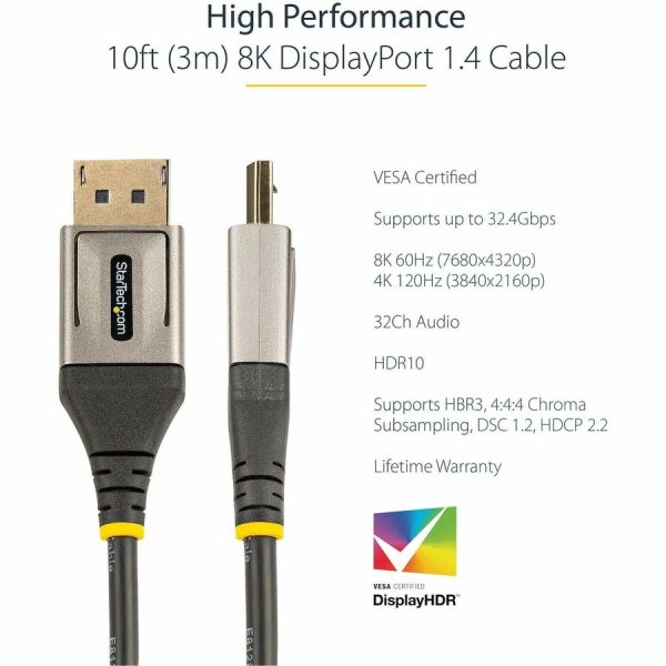 StarTech.com 10ft (3m) VESA Certified DisplayPort 1.4 Cable, 8K 60Hz HDR10, UHD 4K 120Hz Video, DP to DP Monitor Cord, DP 1.4 Cable, M/M - Image 2