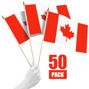 G128 50 Pack Handheld Canada Canadian Stick Flags | 12x18 In | Printed 150D Polyester, Country Flag, Solid Wooden Stick, Spear Gold Tip