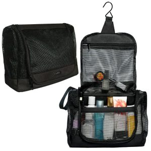 The Fine Living Co. Portable Hanging Shower Caddy Organizer Bag Quick Dry Mesh Shower Caddy Tote Bag Pouch with Metal Hook for Bathroom College Dorm Camp Gym Camping Toiletry Bath (12”x3”x8”)