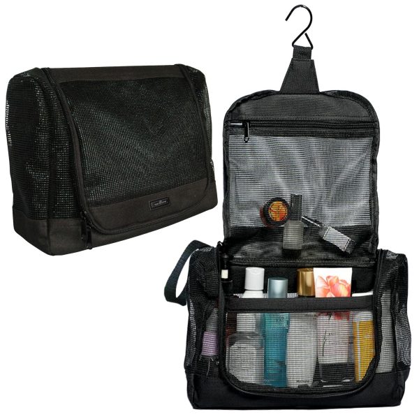The Fine Living Co. Portable Hanging Shower Caddy Organizer Bag Quick Dry Mesh Shower Caddy Tote Bag Pouch with Metal Hook for Bathroom College Dorm Camp Gym Camping Toiletry Bath (12”x3”x8”)