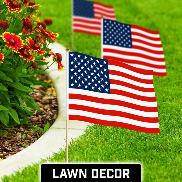 G128 50 Pack Handheld American USA Stick Flags | 12x18 In | Printed 150D Polyester, Country Flag, Solid Wooden Stick, Spear Gold Tip, Great for Patriotic Decorations - Image 3