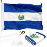 G128 Combo Pack: 6 Ft Tangle Free Spinning Flagpole (White) & El Salvador Flag 3x5 Ft Printed 150D Polyester, Brass Grommets (Flag Included) Aluminum Flag Pole