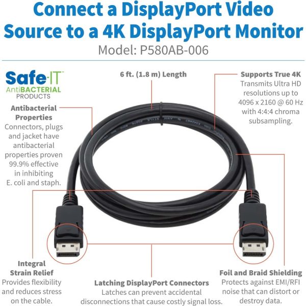 Eaton Tripp Lite Series Safe-IT High-Speed DisplayPort Antibacterial Cable with Latching Connectors (M/M), UHD 4K 60 Hz, 6 ft. (1.83 m) - Image 4