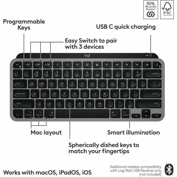 Logitech MX Keys Mini for Mac Minimalist Wireless Keyboard Compact, Bluetooth, Backlit Keys, USB-C, Fast - Space Gray - Image 7