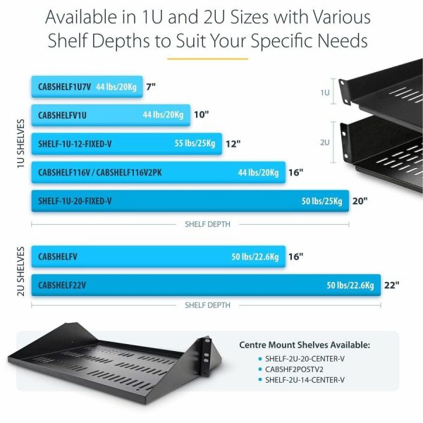 StarTech.com 2U 16in Universal Vented Rack Mount Cantilever Shelf - Fixed Server Rack Cabinet Shelf - 50lbs / 23kg - Image 2