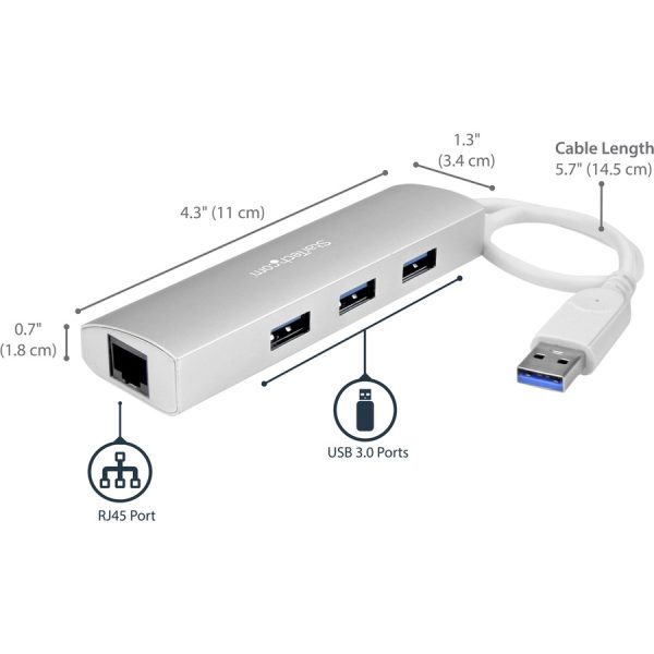 StarTech.com 3-Port USB Hub with Ethernet, USB-A Ports, Gigabit Ethernet/GbE, USB 5Gbps, Bus-Powered, Portable Laptop USB 3.0 Hub - Image 9