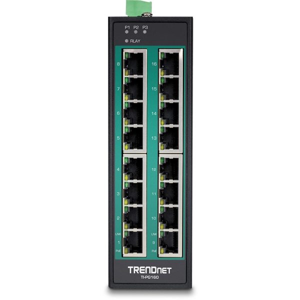 TRENDnet 16-Port Hardened Industrial Unmanaged Gigabit 10/100/1000Mbps DIN-Rail Switch w/ 16 Gigabit PoE+ Ports; Lifetime Protection; TI-PG160 - Image 2