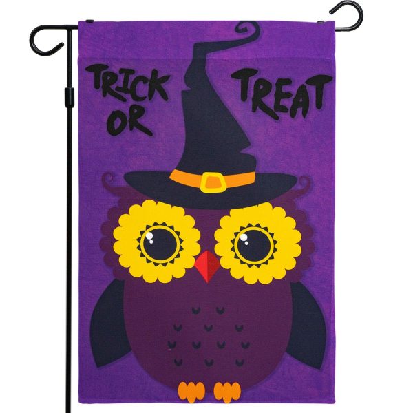G128 - Halloween Garden Flag, Trick or Treat Quote with Cute Owl, Garden Yard Decorations,  | 12x18 Inch | Printed 150D Polyester - Rustic Holiday Seasonal Outdoor Flag