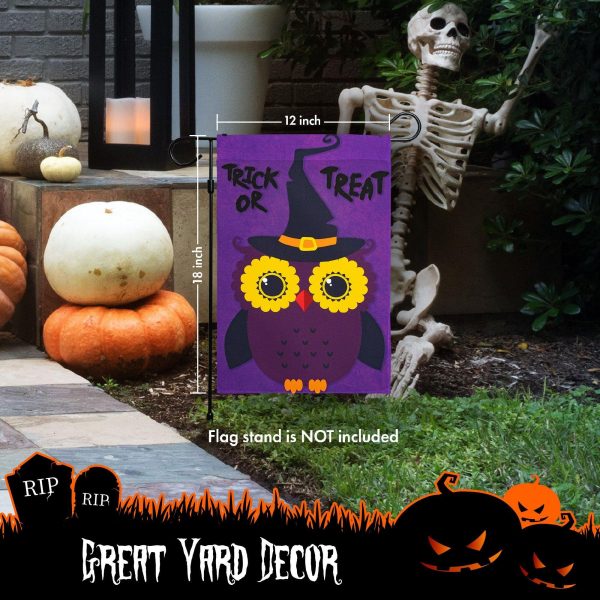 G128 - Halloween Garden Flag, Trick or Treat Quote with Cute Owl, Garden Yard Decorations,  | 12x18 Inch | Printed 150D Polyester - Rustic Holiday Seasonal Outdoor Flag - Image 6