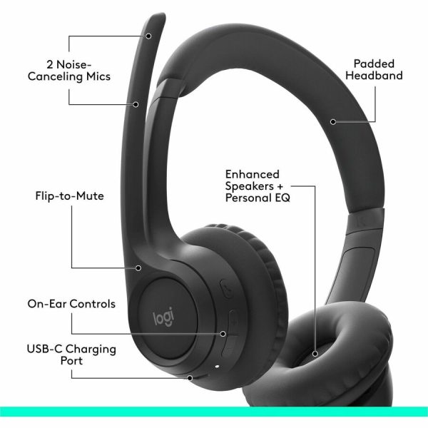 Logitech Zone 300 Wireless Bluetooth Headset With Noise-Canceling Microphone, Compatible with Windows, Mac, Chrome, Linux, iOS, iPadOS, Android - Black - Image 3