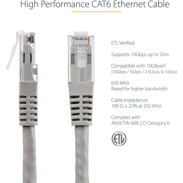 StarTech.com 15ft CAT6 Ethernet Cable - Gray Molded Gigabit - 100W PoE UTP 650MHz - Category 6 Patch Cord UL Certified Wiring/TIA - Image 3