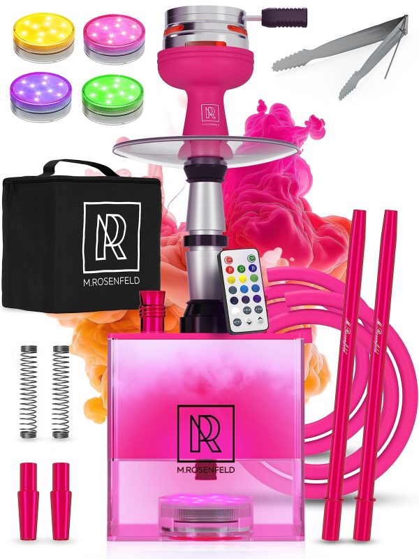Pink Hookah Set with Everything   Hookah 2 Hose Hookah Set   YADO Square Hookah To Go with Hookah Charcoal Holder Heat Management Device and Big Silicone Pink Hookah Bowl and Bag for Shisha