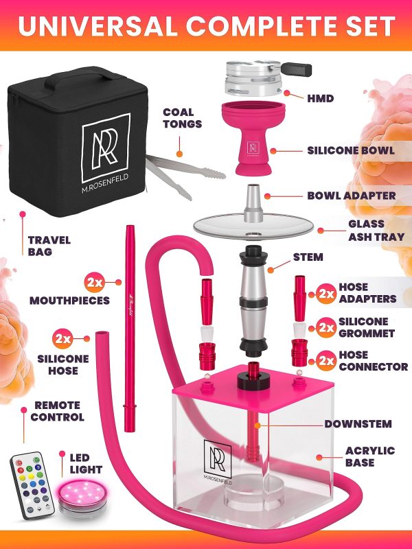 Pink Hookah Set with Everything   Hookah 2 Hose Hookah Set   YADO Square Hookah To Go with Hookah Charcoal Holder Heat Management Device and Big Silicone Pink Hookah Bowl and Bag for Shisha - Image 2