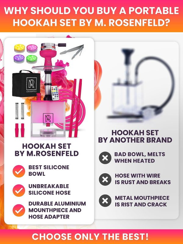 Pink Hookah Set with Everything   Hookah 2 Hose Hookah Set   YADO Square Hookah To Go with Hookah Charcoal Holder Heat Management Device and Big Silicone Pink Hookah Bowl and Bag for Shisha - Image 4