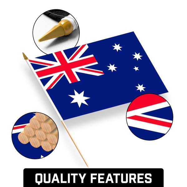 G128 24 Pack Handheld Australia Australian Stick Flags | 12x18 In | Printed 150D Polyester, Country Flag, Solid Wooden Stick, Spear Gold Tip - Image 8