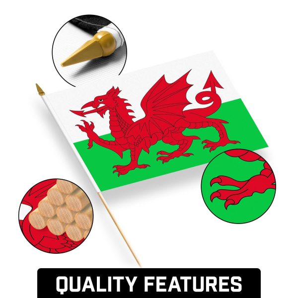 G128 30 Pack Handheld Wales Welsh Stick Flags | 12x18 In | Printed 150D Polyester, Country Flag, Solid Wooden Stick, Spear Gold Tip - Image 8