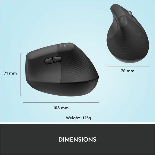 Logitech Lift Vertical Ergonomic Mouse, Wireless, Bluetooth or Logi Bolt USB receiver, Quiet clicks, 4 buttons, Graphite - Image 9