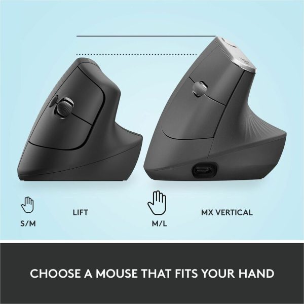 Logitech Lift Vertical Ergonomic Mouse, Wireless, Bluetooth or Logi Bolt USB receiver, Quiet clicks, 4 buttons, Graphite - Image 10