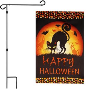 G128 Combo Pack: Garden Flag Stand Black 36 in x 16 in & Garden Flag Halloween Decoration Black Cat and Ghosts 12"x18" Double-Sided Blockout Fabric