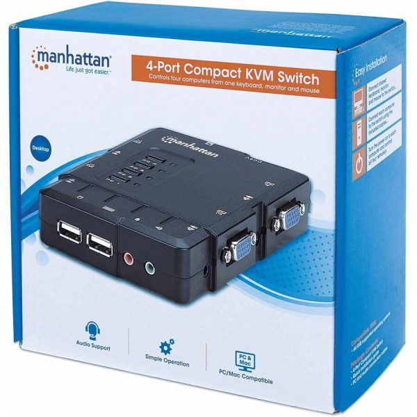 Manhattan KVM Switch Compact 4-Port, 4x USB-A, Cables included, Audio Support, Control 4x computers from one pc/mouse/screen, Black, Lifetime Warranty, Boxed - Image 2