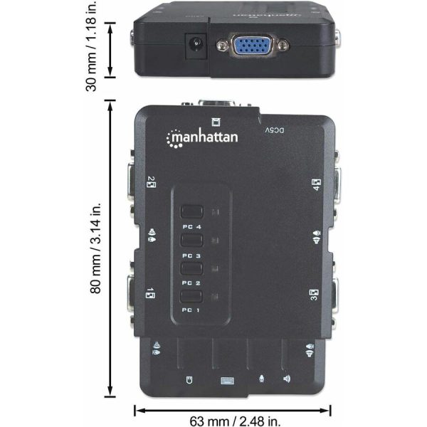 Manhattan KVM Switch Compact 4-Port, 4x USB-A, Cables included, Audio Support, Control 4x computers from one pc/mouse/screen, Black, Lifetime Warranty, Boxed - Image 10