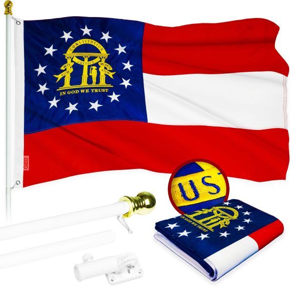 G128 Combo Pack: 5 Ft Tangle Free Aluminum Spinning Flagpole (White) & Georgia GA State Flag 2.5x4 Ft, ToughWeave Series Embroidered 300D Polyester | Pole with Flag Included