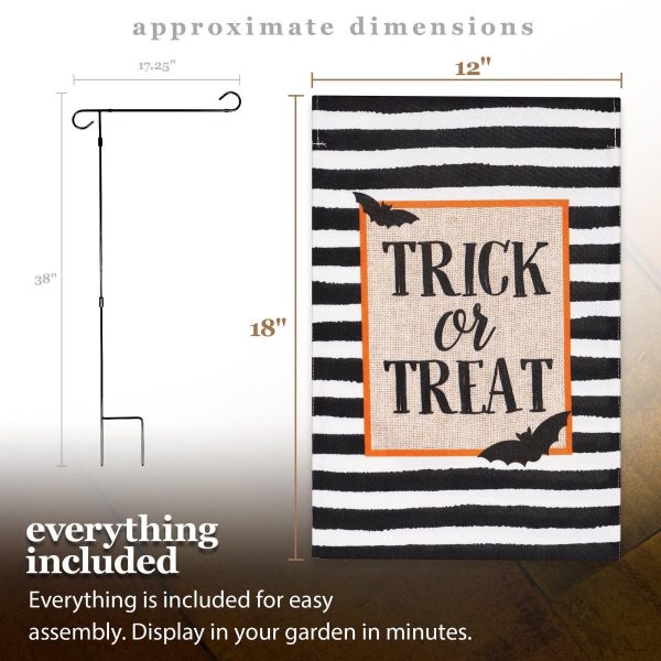 G128 Combo Pack: Garden Flag Stand Black 36 in x 16 in & Garden Flag Halloween Decoration Trick or Treat Bats and Black and White Stripes 12"x18" Double-Sided Burlap Fabric - Image 9