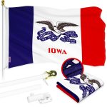 G128 Combo Pack: 6 Ft Tangle Free Aluminum Spinning Flagpole (White) & Iowa IA Deluxe State Flag 3x5 Ft, ToughWeave Series Embroidered 300D Polyester | Pole with Flag Included