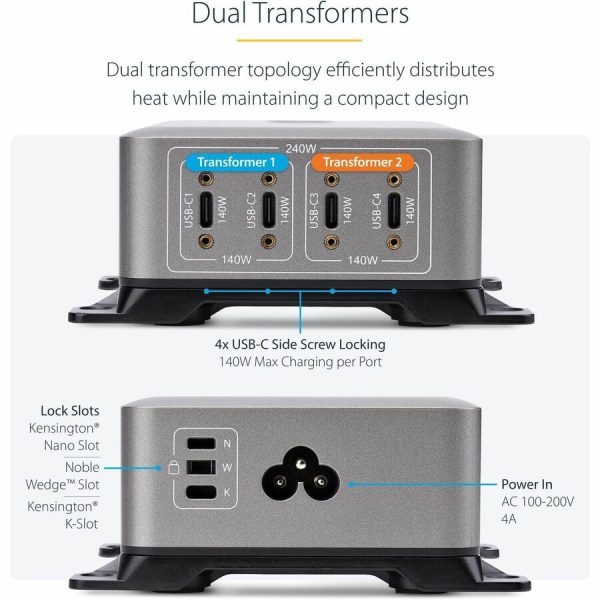 StarTech.com 4-Port Multi-Device USB-C Charger, 240W Total, Single Port 140W EPR, Screw Locking Ports, Ideal for Boardrooms - Image 8