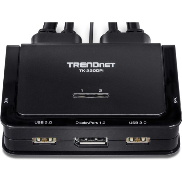 TRENDnet 2-Port 4K DisplayPort 1.2 KVM Switch with Audio, 4K UHD (3840 x 2160@60Hz), 3.5mm Speaker/Microphone, USB 2.0, Integrated Cables, Black, TK-220DPI - Image 2