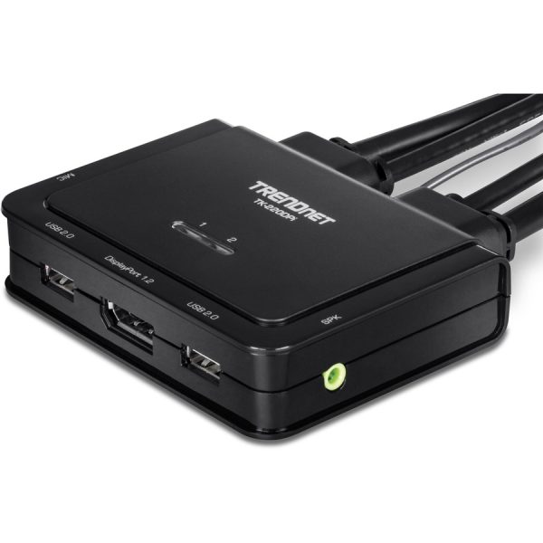 TRENDnet 2-Port 4K DisplayPort 1.2 KVM Switch with Audio, 4K UHD (3840 x 2160@60Hz), 3.5mm Speaker/Microphone, USB 2.0, Integrated Cables, Black, TK-220DPI - Image 4