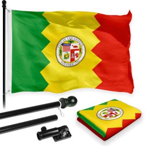 G128 Combo Pack: 6 Feet Tangle Free Spinning Flagpole (Black) Los Angeles City Flag 3x5 ft Printed 150D Brass Grommets (Flag Included) Aluminum Flag Pole