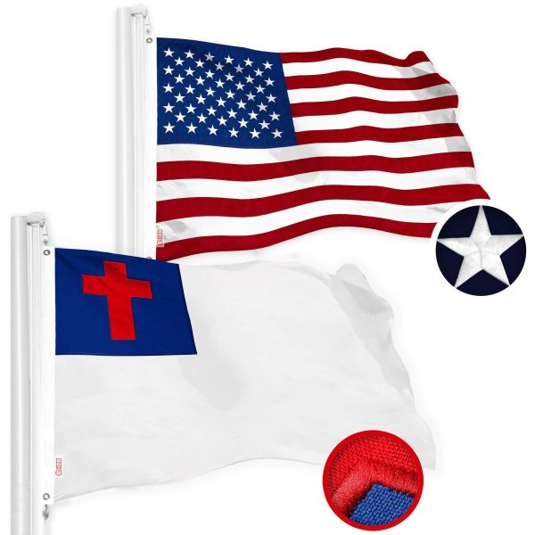 G128 Combo Pack: American USA Flag 2x3 Ft & Christian Flag 2x3 Ft, Both Embroidered SPUN Polyester, Indoor/Outdoor, Brass Grommets