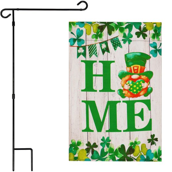 G128 Combo Pack: Garden Flag Stand Black 36 in x 16 in & Garden Flag Home St. Patrick's Day Decoration Gnome with Green Heart 12"x18" Double-Sided Blockout Fabric