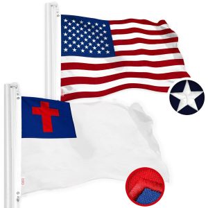 G128 Combo Pack: American USA Flag 2.5x4 Ft & Christian Flag 2.5x4 Ft, Both Embroidered SPUN Polyester, Indoor/Outdoor, Brass Grommets